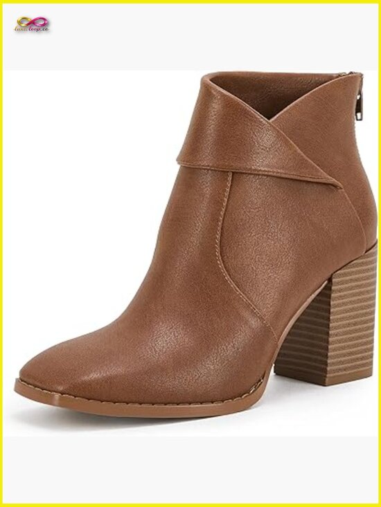 Square Toe Ankle Boots Chunky Stacked Heels Slip On Zipper Booties
